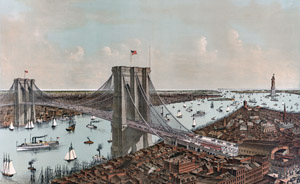 Brooklyn Bridge in New York City, by Currier & Ives, 1892.