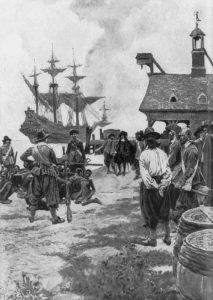 Dutch ship landing in Virginia with African Americans in 1619.