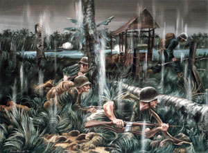 Assault groups taking cover in World War II by Rendova A. Bohrod.